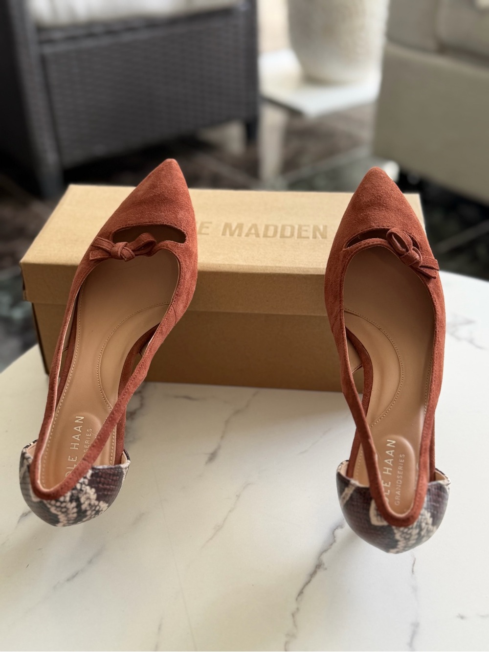 Cole Haan Rust Suede Pointed D'Orsay Flats with Snakeskin Heel